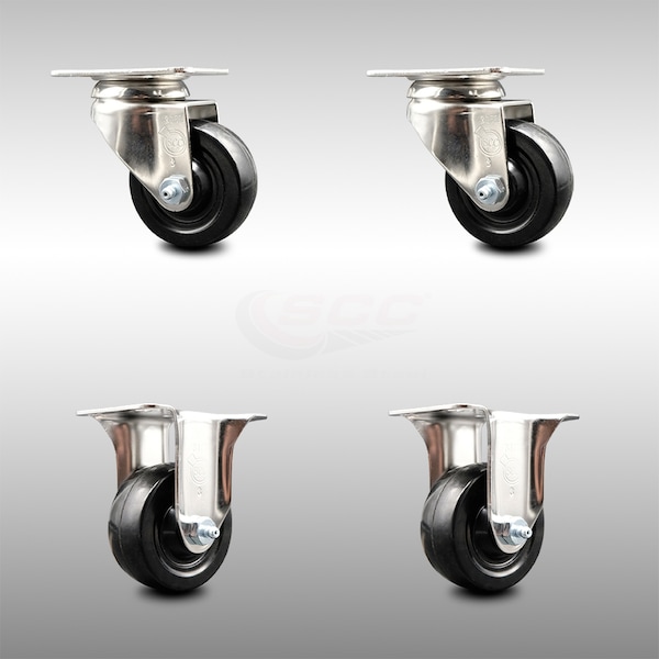 3 Inch 316SS Hard Rubber Wheel Swivel Top Plate Caster Rigid SCC, 2PK